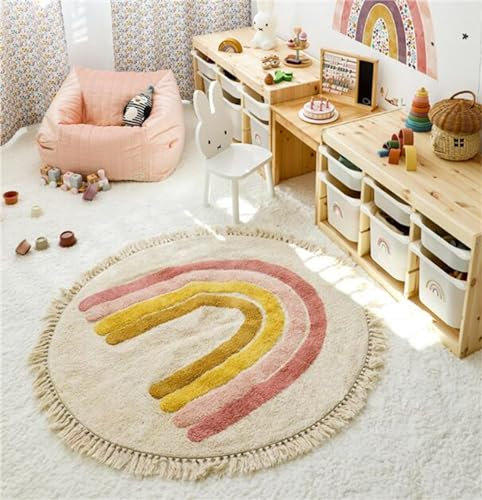 Herfair Teppich Rund, Regenbogen Kinderteppich Mädchen Weiche Boho Kinderzimmerteppich Babymatte rutschfest für Schlafzimmer Kinderzimmer (Rosa,60cm)