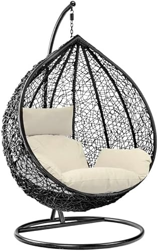 Rattan Swing Egg Chair | Holywarm Garden Swing Chair with Cushion | Indoor Outdoor Hanging Chair with Stand | Hammock Egg Chairs for Garden Bedroom Balcony (Black Egg Chair & White Cushion)