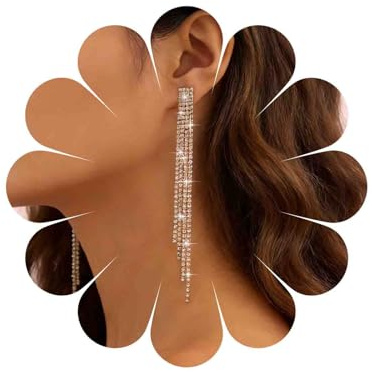 Katshdan Boucles d’Oreilles Pendantes Dorées Femme Franges Strass