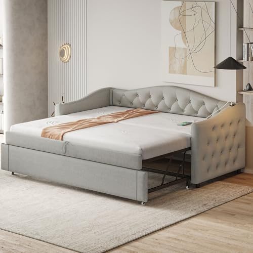 Dolamaní Schlafsofa 90/180x200 cm für Erwachsene 2 Personen, Ausziehbett gleiche höhe Bett Ausziehbar zum Doppelbett, Multifunktionsbett aus hautfreundlichem Leinenstoff (Grau B)