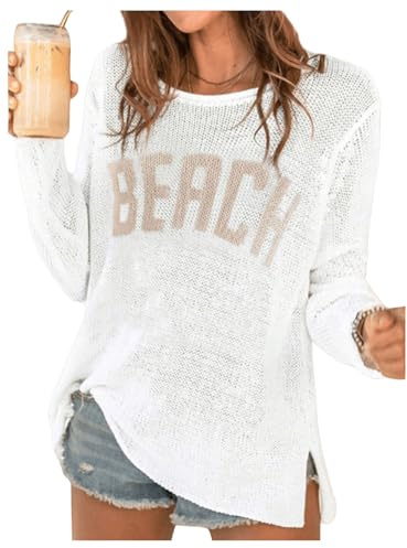 COZYEASE Women's Beach Cover Up Letter Print Long Sleeve Sweater Crew Neck Split Hem Crochet Jumper Top White Medium