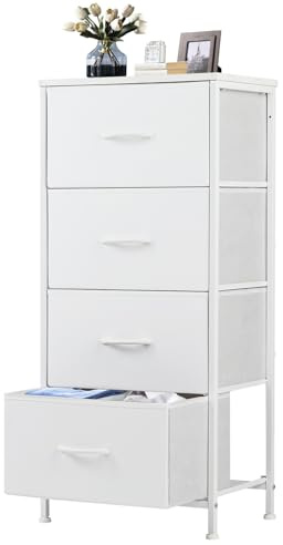DUMOS Nightstand with 4 Drawers Bedside Table with Removable Fabric Bins Sturdy Steel Frame Wood Top Organizer Furniture for Bedroom Closet Living Room