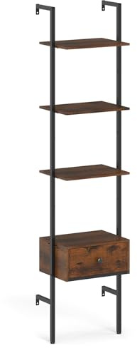 GIANTEX 4 nivåer hylla med metallram och tippsäker vägghylla, rustik vägghylla med lådor för vardagsrum och kontor 43 x 29,5 x 177,5 cm, brun