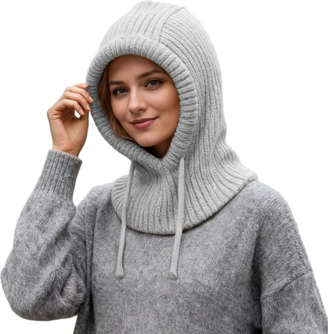 Sombreros de Invierno para Las Mujeres Pasamontañas de Punto Beanie Skull Cap con Cordón Cálido Sombrero con Capucha Bufanda