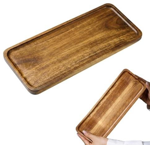 Wooden Tray Acacia Wood Rectangular 29.5 x 10.5 cm Small Wooden Tray for Coffee Table Kitchen Counter Bathroom Tray Decorative Tray for Candle Keys Vanity Organiser Rustic Style Raised Edge