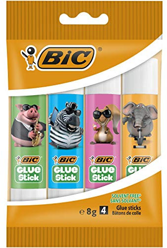 BIC ECOlutions - Bâtons de Colle Blanche 8g Fabriqué avec 100% de Plastique Recyclé - Décors Assortis, Pochette de 4