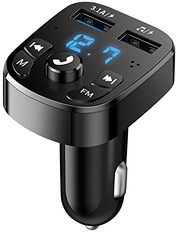 Transmisor FM Bluetooth V5.0 Coche Manos Libres Carga Rapida 3.1A, Manos Libres Inalámbrico Reproductor MP3 Música Mechero Coche Adaptador Radio con Dual USB Soporte Tarjetas U Disk