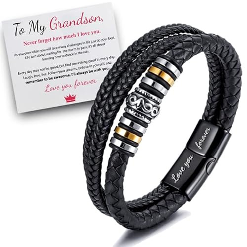 TFXNBKW To My Grandson - I Will Always Be With You Braided Leather Bracelet for Men, Stainless Steel Inspirational Wristband, Mens Braided Leather Bracelet Bangle Wristband (To Grandson)