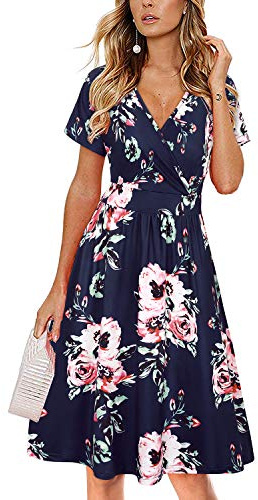 VOTEPRETTY Summer Dresses for Women UK Short Sleeve V Neck Wrap Casual Floral Sundress with Pockets(Floral01,M)