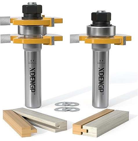 XDENGP Professional 2 PCS Tongue and Groove Router Bit Set 1/2 Inch Shank, 3 Teeth T Shape Wood Milling Cutter Woodworking Tools, Matched Oak Hardwood Floor Wainscoting Boards Joinery Router Bit