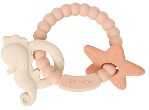 Eoopoon Silicone Teething Ring Toy, Baby Teether Toys with Rattles, BPA Free Sensory Chew Toys for Babies 3-6-12 Months to Soothe Sore Gums, Great Shower, Christmas Gift(Blush)