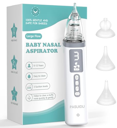 PASUIDU Electric Baby Nose Sucker, Baby Nose Cleaner Vacuum Cleaner with 3 Suction Strengths, 3 Soft Silicone Tips, 10 Soothing Music and Light, for Infants/Toddlers (0-12 years), White Grey, Silicone