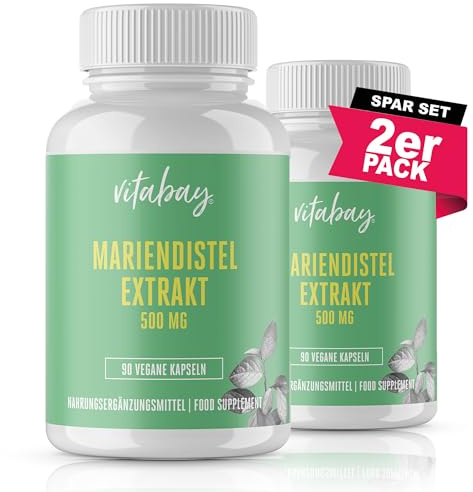 Vitabay Mariendistel Extrakt – 500 mg, 180 vegane Kapseln | mit 80% Silymarin, laborgeprüft, ohne Zusatzstoffe