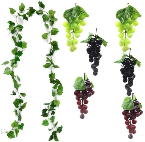 LATRAT 7 Stück Kunststoff Weintrauben, Lebensechte Traube Deko, Künstliches Obst Gemüse Dekoration, für Weindekoration, Künstliche Fruchtstützen, Gartenbüro Dekoration Foto Requisiten