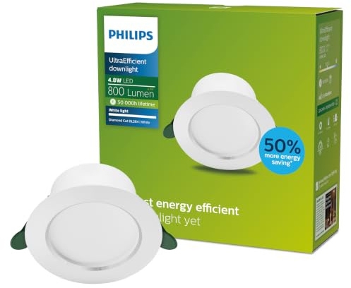 Philips Diamond Cut UltraEfficient, Faretto ad incasso, Seconda generazione, 4.8W, 800lm, 125cm, Luce Bianca Calda 3000K, Bianco