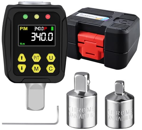 Uharbour Adaptador de par digital de 1/2 pulgadas 17-340 Nm, llave dinamométrica digital con pantalla LCD, modo PEAK/TRACK, zumbador e indicador LED, ± 2% de precisión de error, para coche, bicicleta,