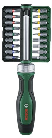 Bosch Set de 19 tournevis à cliquet à embout (couple élevé ; couple max. 36 Nm ; mécan. 36 dents ; porte-embout magnétique ; Softgrip ; 18 emb. acier S2 ; barrette clipsable)