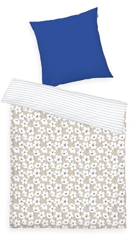 Tom Tailor Renforcé-Bettwäsche, 70x90 + 140x200 cm, 100% Baumwolle/Renforcé, mit Wendemotiv und farbigem Reißverschluss, Fresh Flowers Blau, Beige (Cobalt & Sunny Sand)