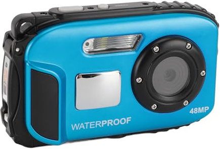 Qukaim Diving Camera 1080P 48MP Anti Shake, 5m Water Resistant Underwater Camera with 2.4 Inch Color Screen, 32G Memory Card, Autofocus, Face Recognition, Blue