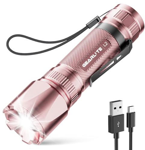 GEARLITE LED Torch Rechargeable, 3500LM Torches LED Super Bright with Clip Adjustable Focus, 3 Lighting Modes Waterproof Small Torch for Power Cuts, Emergency, Camping, Hiking, Outdoor(Pink)