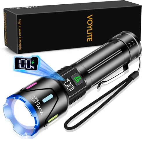 Voylite Torches LED Super Bright 500000 Lumen Rechargeable - 5000mAh Battery with LCD Power Display, 1500m Beam Distance, IPX7 Water Resistant, 3 Modes and Zoom with Belt Clip for Camping, Emergency