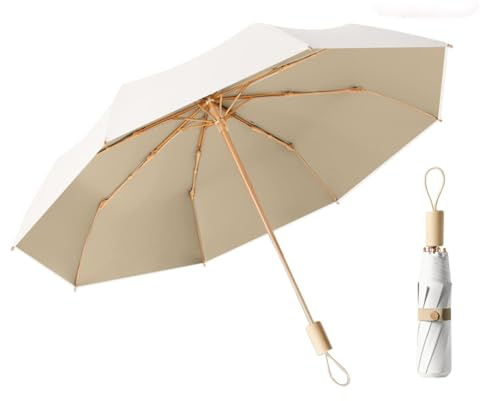 LCY Faltbarer Regenschirm, UV-Schutz, mit Holzgriff, sonnenfest, regenfest und winddicht