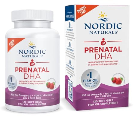 Nordic Naturals Prenatal DHA, Strawberry - 120 Soft Gels - 830 mg Omega-3 + 400 IU Vitamin D3 - Supports Brain Development in Babies During Pregnancy & Lactation - Non-GMO - 60 Servings