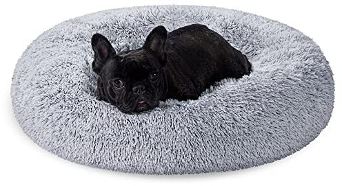 Feandrea Hundebett flauschig, Katzenbett, Donut Kissen, waschbar, Polsterung in der Mitte herausnehmbar, Langer Plüsch, 70 cm Durchmesser, Ombré-Grau PGW039G01