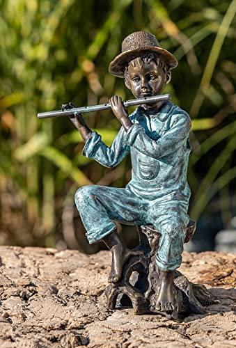 IDYL Bronze-Skulptur Junge mit Flöte | 23x14x10 cm | Kinderfigur aus Bronze handgefertigt | Gartenskulptur oder Teich-Dekoration | Hochwertiges Kunsthandwerk | Wetterfest