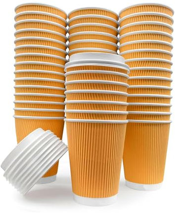 AVLASH® - Takeaway Coffee Cups with Lids [50 Cups - 8oz] Takeaway Cups for Hot Liquids, Brown