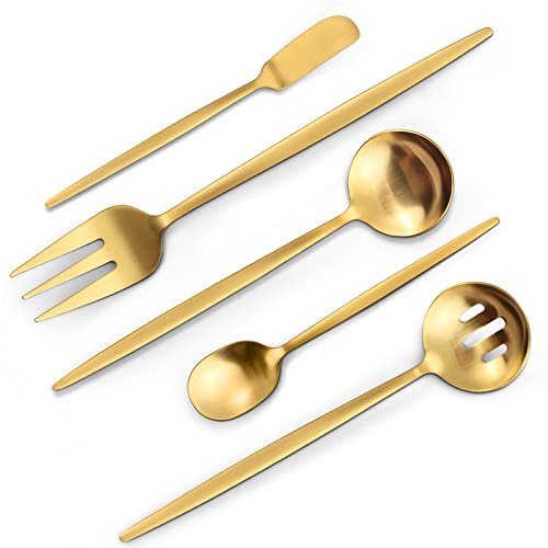 VANVRO Matt Gold Servierbesteck-Set, 5-teiliges rundes geteiltes Utensilien-Set aus Edelstahl, Hostess Besteck-Servierset, satiniertes Finish, spülmaschinenfest