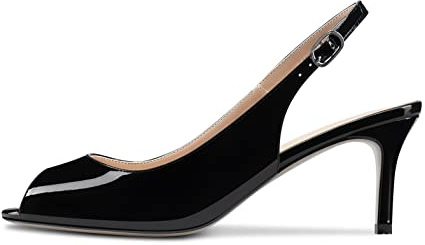 NobleOnly Femmes Aiguille Mi Talon Heel Ouvert Bout Sandales Slingback Lanières Cheville Mariage Bureau Escarpins 6.5 CM Heels Chaussures Noir 41 EU
