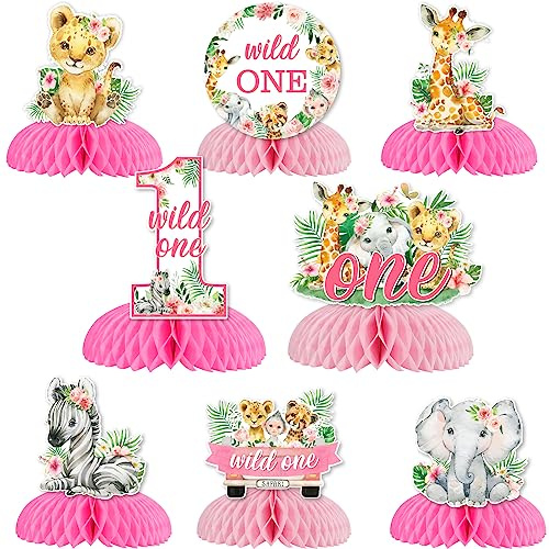 Safari Party Dekorationen 1. Geburtstag Mädchen, Wild One Tischdekoration Waben, doppelseitiger Druck rosa Safari Dschungel Tier Wabe Tafelaufsätze für Mädchen 1. Geburtstag Dekorationen