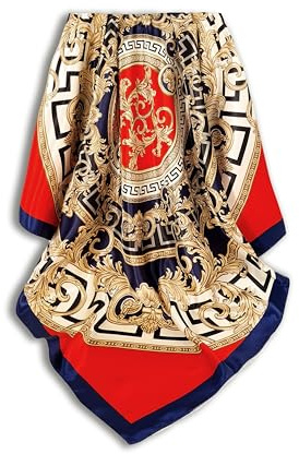 GLORIS Seidenschal Damen 90x90 cm Rot Blau mit Mäanderverzierung Elegante Seidentuch Haare Satintuch Halstuch Tuch Kopftücher Ansatz Haare Seide Bandana Tuch Kopftücher Ansatz