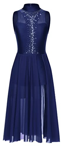 Oyolan Femme Robe Danse Latine Strass sans Manches Justaucorps Robe Danse Salsa Samba Chacha Jazz Costume Danse Contemporaine Dancewear S-XXL A Bleu Marine S