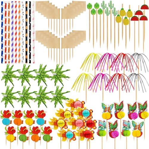 Ysimple 168 Stück Cocktail Zubehör Set, Cocktail Deko mit Schirmchen | Wiederverwendbar Cocktail Deko Set mit Schirmchen, Rührstäbchen und Strohhalmen für Party, Bar und Sommerfeste