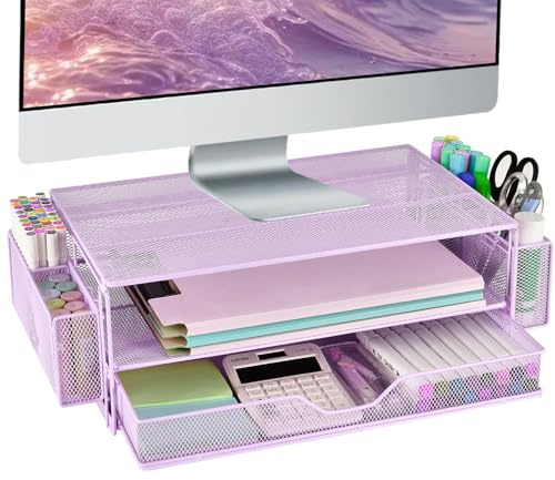 AUPSEN Computer Monitor Stands Riser，2-Tier Desk Organizers and Accessories, Office Desk Accessories Organizer with Drawers and 2 Pen Holder for Office Supplies (Purple)