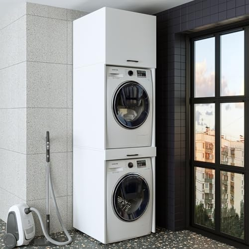 ROOMART • Meuble pour lave-linge et sèche-linge • Avec planche amovible • Blanc • Chêne Noir • Meuble surélevé (- Blanc, Avec armoire escamotable de 57 cm)