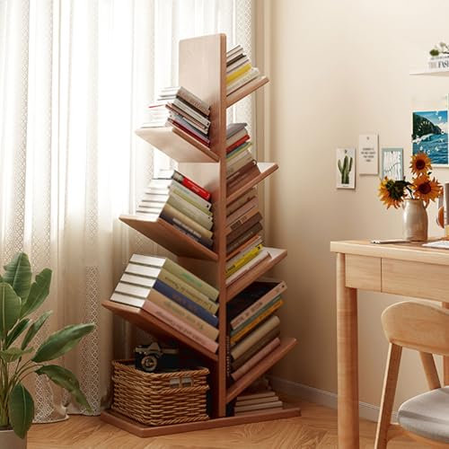 HHCTEBEC Libreria Ad Albero A 5/8 Ripiani Organizer per Riporre Gli Oggetti, Libreria da Pavimento Scrivania Scaffale in Legno Massello per Camera da Letto, Soggiorno, Ufficio,A,121cm
