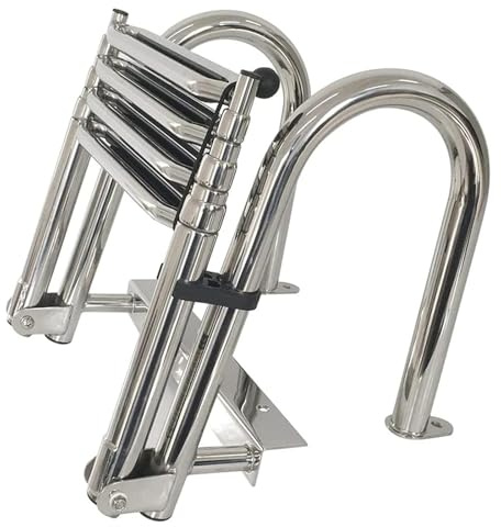 4-Stegs Teleskopisk Bryggstege för Pontonbåtar, Kraftig Badstege i Rostfritt Stål, Poolstege med Halkfria Pedaler och Ledstänger,10cm/4in Wide Step