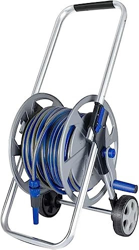 Dévidoir à tuyau avec poignée rétractable, chariot à roulettes en métal durable pour jardin, lavage de voiture, enrouleur de tuyau d'arrosage (couleur : argent, taille : dévidoir + tuyau de 20 m)