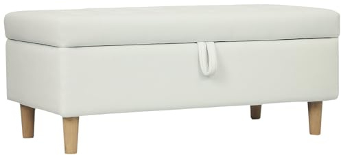 HOMCOM Sitzbank mit Stauraum Sitztruhe mit Samt-Optik, Bettbank mit Holzbeine Polsterbank für Wohnzimmer, Schlafzimmer, Flur 115 x 50 x 43 cm, Cremeweiß