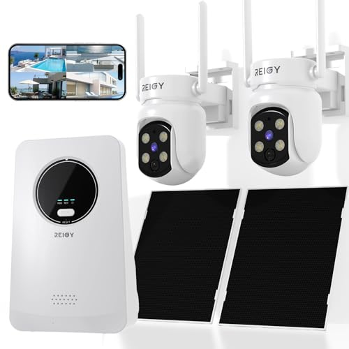 REIGY 4MP Kit Videosorveglianza Wifi Esterno Senza FIli, 10CH Sistema Sicurezza Batteria con Pannello Solare e Scheda SD da 64 GB, 2x PT VideoCamera, Rilevazione di Movimento PIR, Audio a 2 Vie, IP65