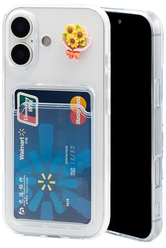 Chengyuanfeng för iPhone 17 Skal med Kortfack och 3D blomma-dekor – Ultra-Tunt 1,5 mm Transparent Kortskal i Anti-Gulnande TPU med Korthållare, Case med Kortplats för Shopping, Resor & Vardagsbruk