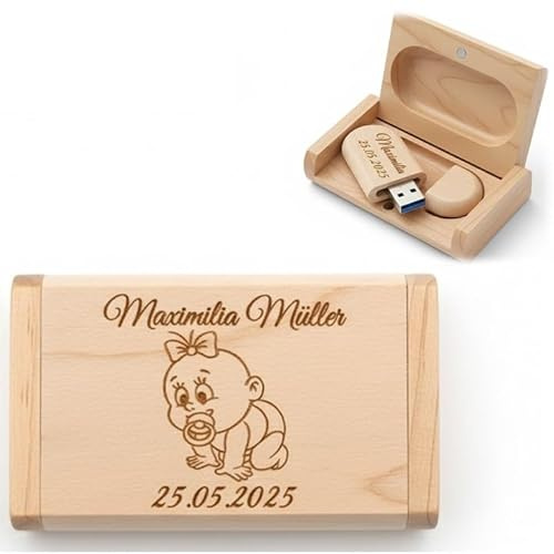 Idée cadeau naissance Clé USB + coffret cadeau en bois massif personnalisé avec gravure texte au choix Clé USB 32/64/128 Go 3.0 individuel (érable, 32 Go)