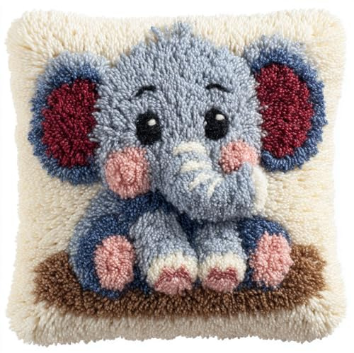 Henypt Kit Gancio Di Chiusura Cuscino, Cucciolo di elefante animale Kit Ricamare Cuscini Federa,Cuscino Artigianato Fai Da Te Ricamo Gancio Di Chiusura Tappeto Ricamo,43x43cm