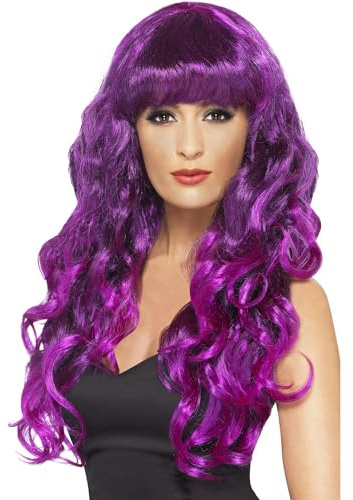Smiffys Sirenen Perücke, Purpur, Lang, lockig und mit Fring Halloween