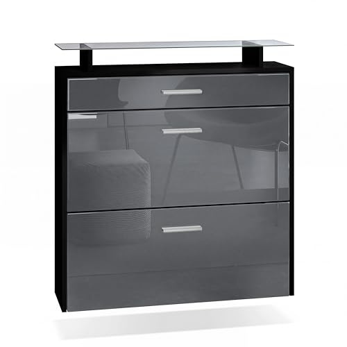 Vladon Schuhschrank Malea, hängender Schuhkipper für 16 Paar Schuhe mit 2 Klappen und 1 Schublade und Glasablage, Schwarz matt/Grau Hochglanz (89 x 96 x 23 cm)