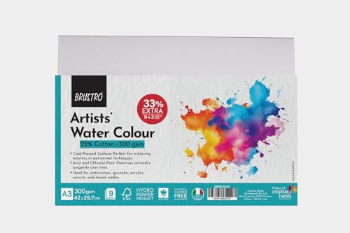 Brustro Artists akvarellpapper 300 GSM A3-25 % bomull, kallpressad (innehåller 9+3 ark)