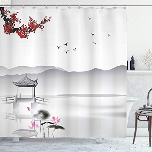 Ambesonne Asian Shower Curtain, Simplistic Japanese Style Garden Birds and Tiny Pavilion Over The Lake Lotus Waterlily Painting, Cloth Fabric Bathroom Decor Set with Hooks, 69 W x 70 L, Grey Pink